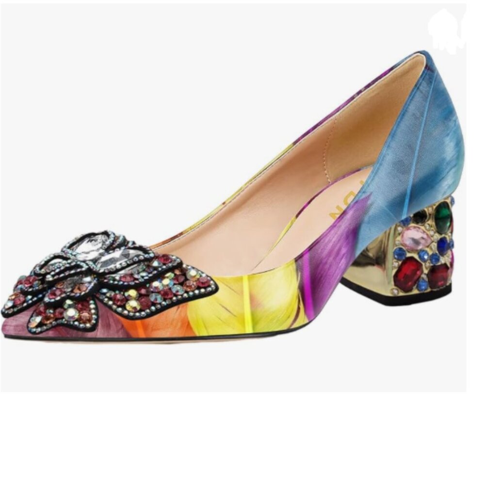 YDN Yellow Feather Pointed Toe Bow Pumps Colorful Rhinestone Block Low Heel Shoe